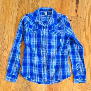 Stio Women's Pearl Snap Western Shirt Size Medium Blue Plaid